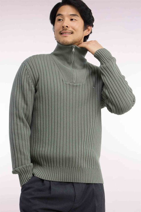 Featured image for “Pull col camionneur en laine et coton vert olive côtelé coupe droite  Eden Park”