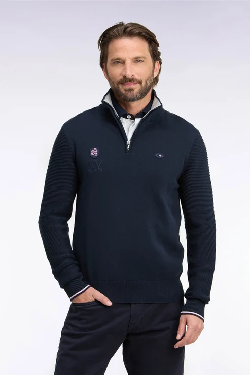 Featured image for “Pull à col montant zippé en coton marine broderie XV de France coupe regular Eden Park”