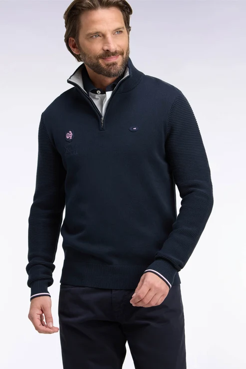 Featured image for “Pull à col montant zippé en coton marine broderie XV de France coupe regular Eden Park”