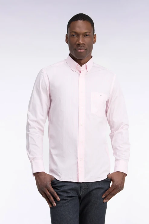Featured image for “Chemise en coton tissé blanc à rayures roses, coupe droite Eden Park”