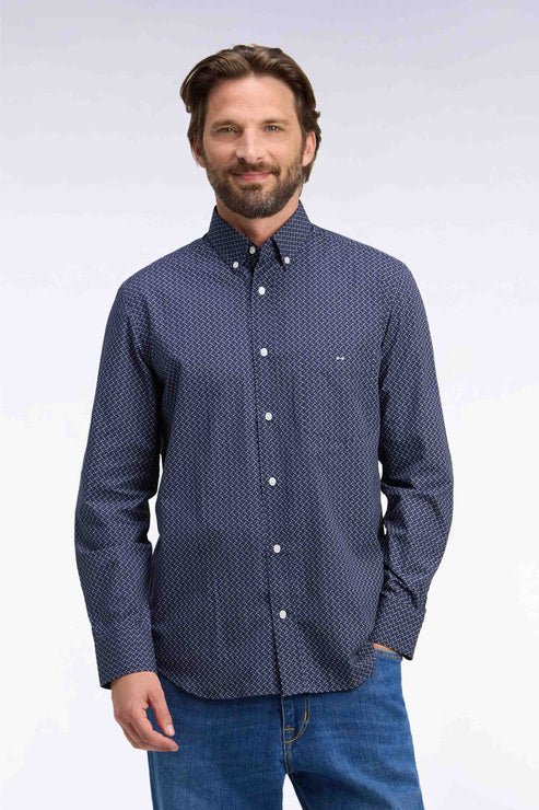 Featured image for “Chemise en popeline de coton bleu marine avec nœuds papillon à micro-motifs Eden Park”