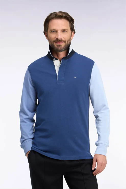 Featured image for “Maillot à manches longues en jersey de coton brodé tricolore bleu marine, coupe droite Eden Park”