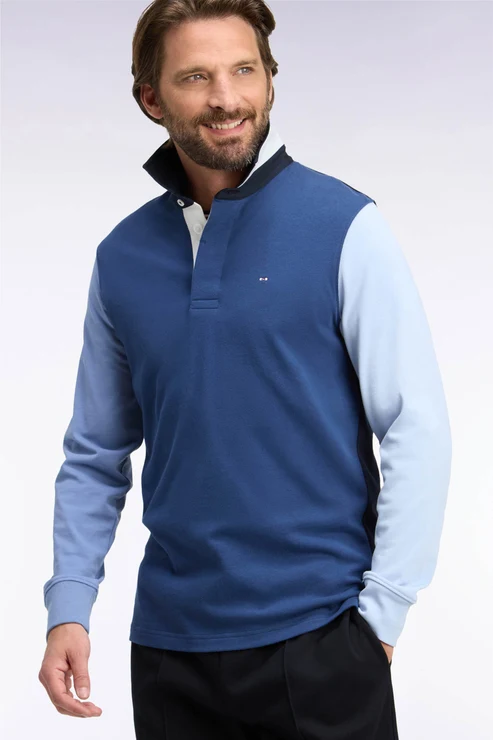 Featured image for “Maillot à manches longues en jersey de coton brodé tricolore bleu marine, coupe droite Eden Park”