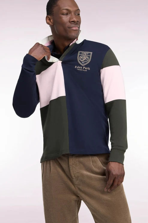 Featured image for “Maillot à manches longues en jersey de coton peigné tricolore kaki coupe droite Eden Park”