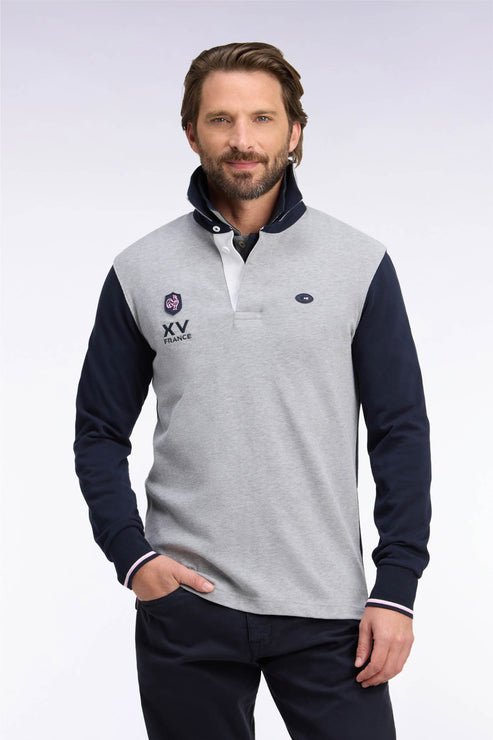 Featured image for “Maillot à manches longues en jersey de coton bleu marine et gris XV de France Eden Park”