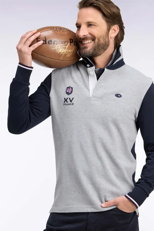 Featured image for “Maillot à manches longues en jersey de coton bleu marine et gris XV de France Eden Park”