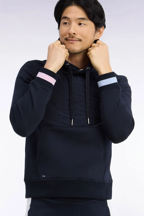 Featured image for “Sweat à capuche en polaire de coton bleu marine brodé coupe droite Eden Park”